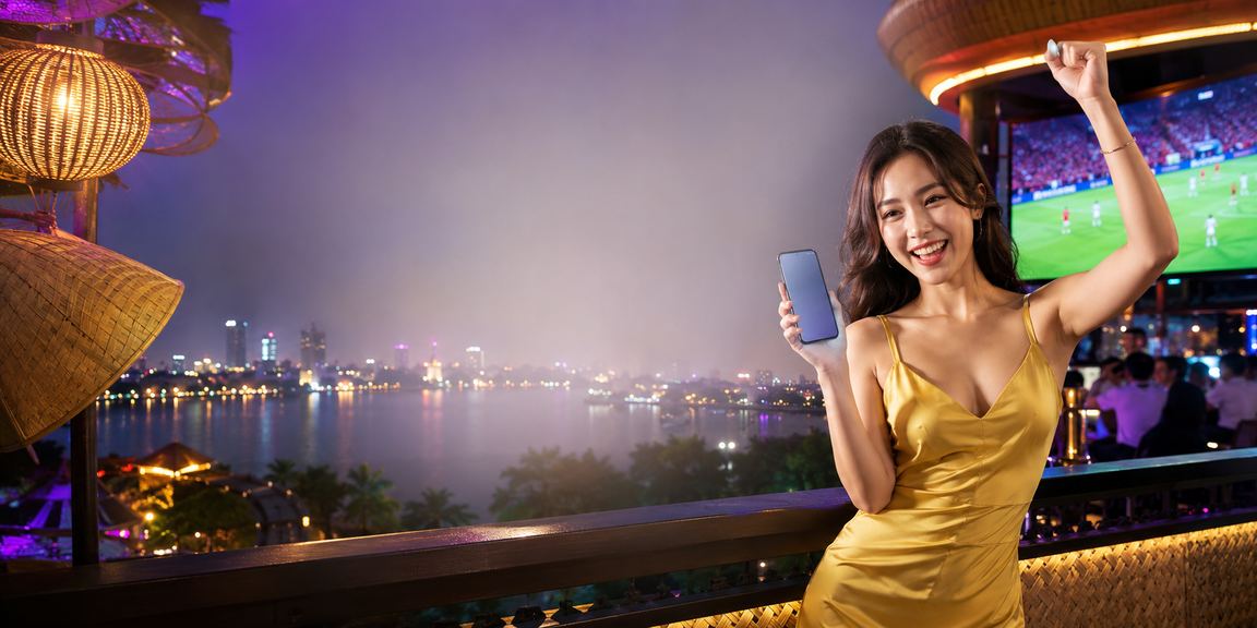 Người dùng Hà Nội dùng điện thoại truy cập casino trực tuyến với nón lá đặc trưng Việt Nam