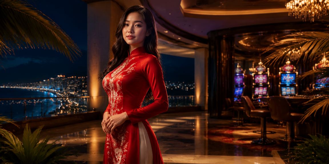 Người chơi casino mặc áo dài bên bờ biển Nha Trang nhìn ra đại dương xanh ngắt